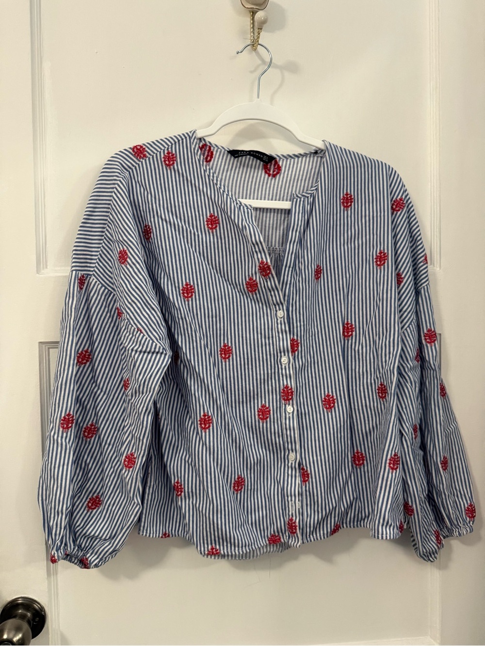 Zara Blue-and-White Striped Blouse with Red Floral Embroidery